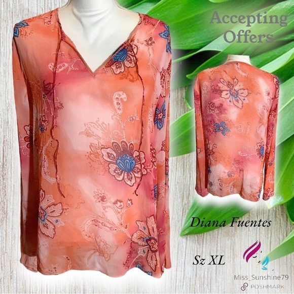 Daisy Fuentes - Sz XL - boho cover up shirt wide sleeves floral transparent - Picture 1 of 5
